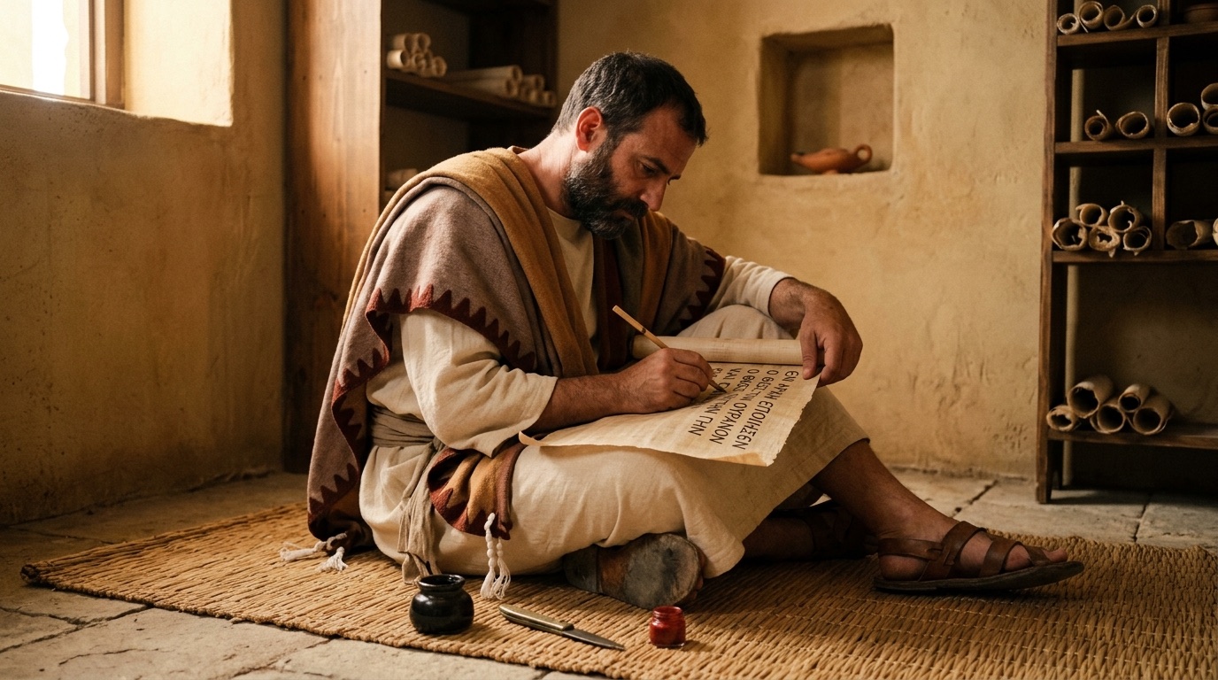 Un scribe copiant l’Évangile sur un rouleau de papyrus
